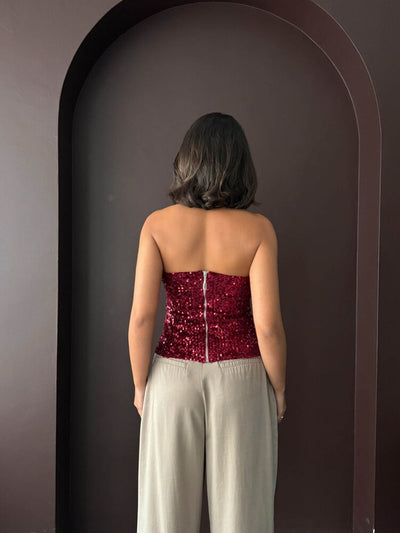 Arkadan Fermuarlı Straplez Bluz - Bordo