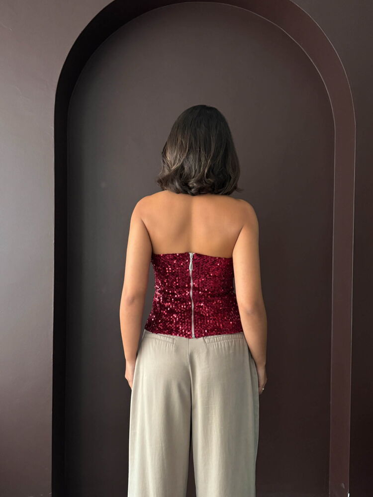 Arkadan Fermuarlı Straplez Bluz - Bordo