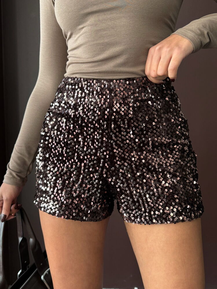 Pantaloni scurți din catifea cu paiete - Maro