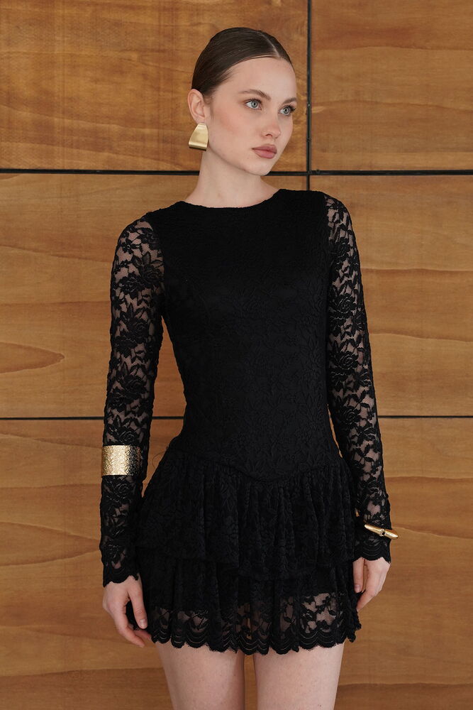 Rochie en-gros cu tiv din dantelă în două etape - Negru | F2075 - Topshow