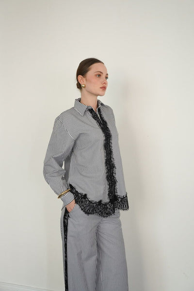 Lace Detailed Striped Wholesale Shirt - Black | F2082 - Topshow