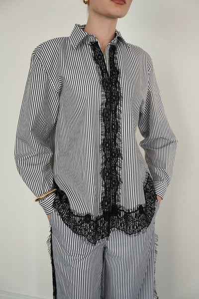 Lace Detailed Striped Wholesale Shirt - Black | F2082 - Topshow