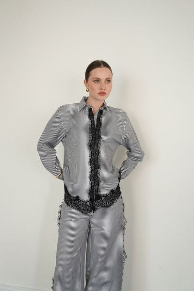 Lace Detailed Striped Wholesale Shirt - Black | F2082 - Topshow