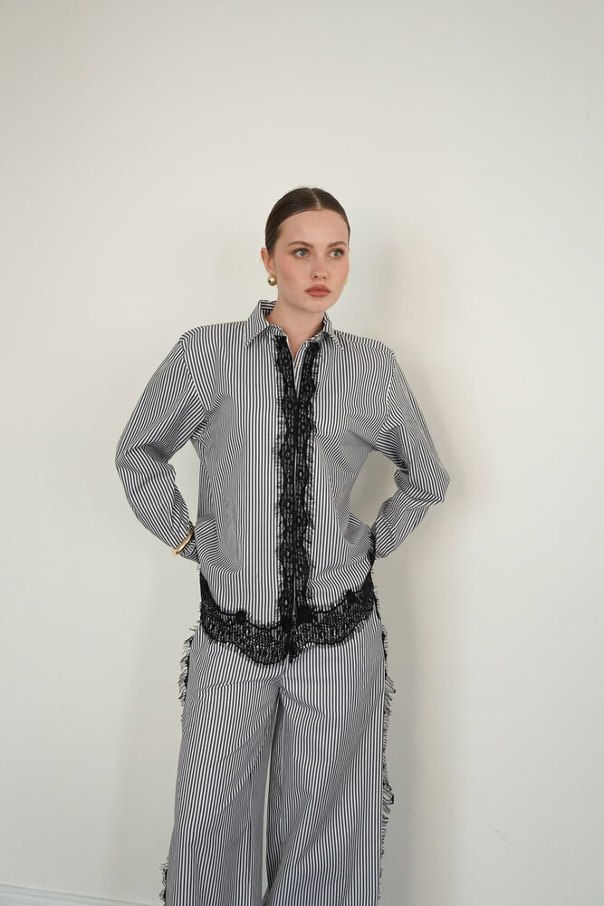 Lace Detailed Striped Wholesale Shirt - Black | F2082 - Topshow