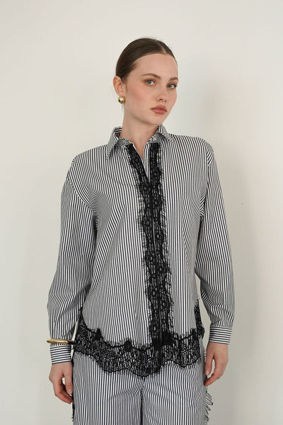 Lace Detailed Striped Wholesale Shirt - Black | F2082 - Topshow
