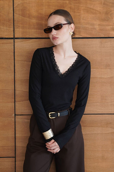 Lace Detail Neck Sweatshirt - Black | F2088 - Topshow