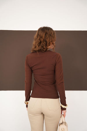 Yakası Dantel Detaylı Toptan Bluz - Kahve | F2088 - Topshow