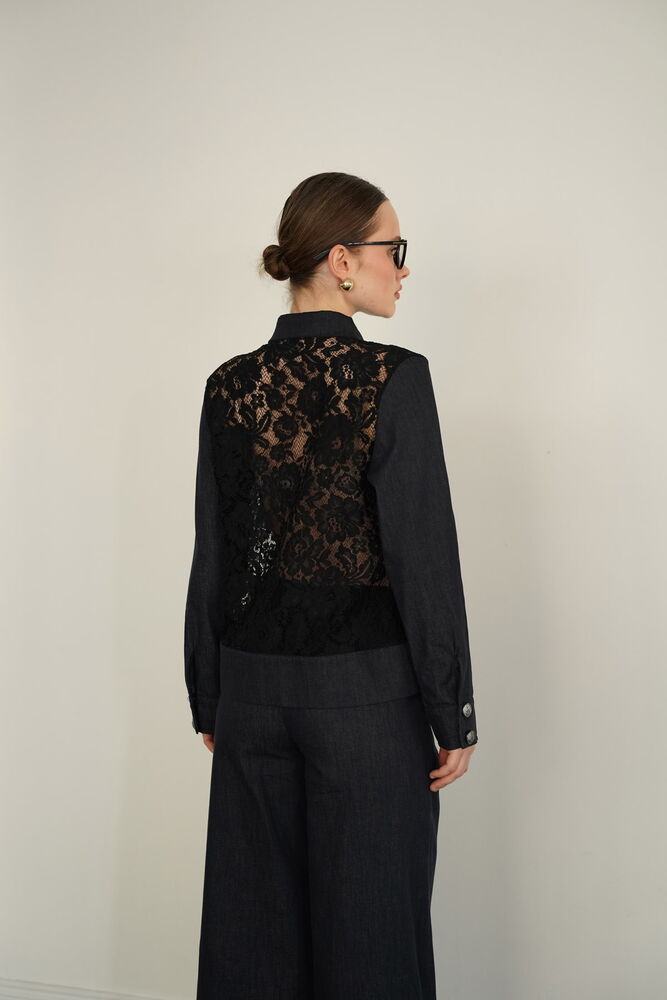 Cămașă din denim cu detalii de dantelă, en-gros - bleumarin | F2091 - Topshow