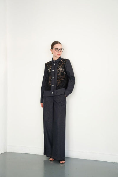 Cămașă din denim cu detalii de dantelă, en-gros - bleumarin | F2091 - Topshow