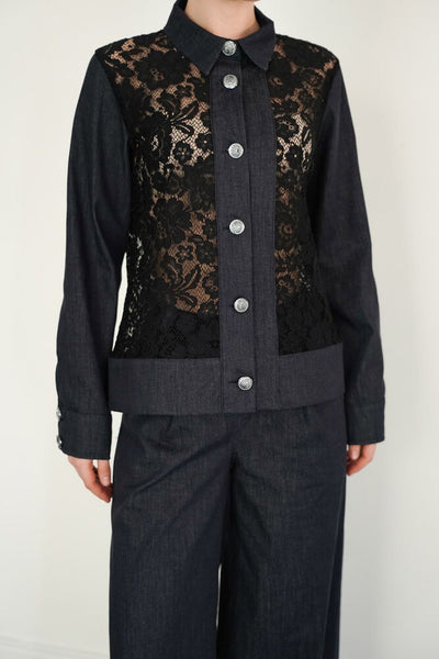 Cămașă din denim cu detalii de dantelă, en-gros - bleumarin | F2091 - Topshow