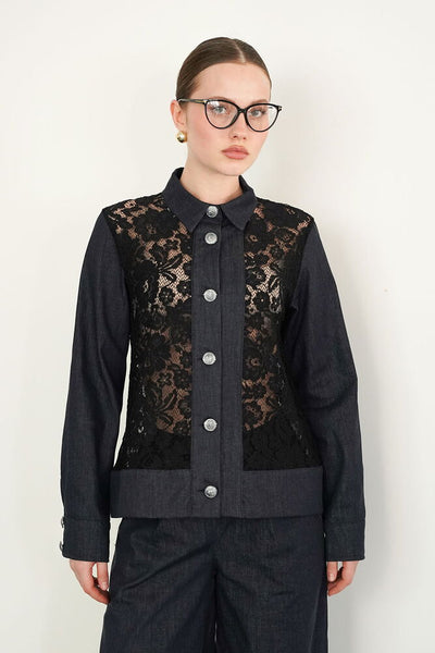 Cămașă din denim cu detalii de dantelă, en-gros - bleumarin | F2091 - Topshow