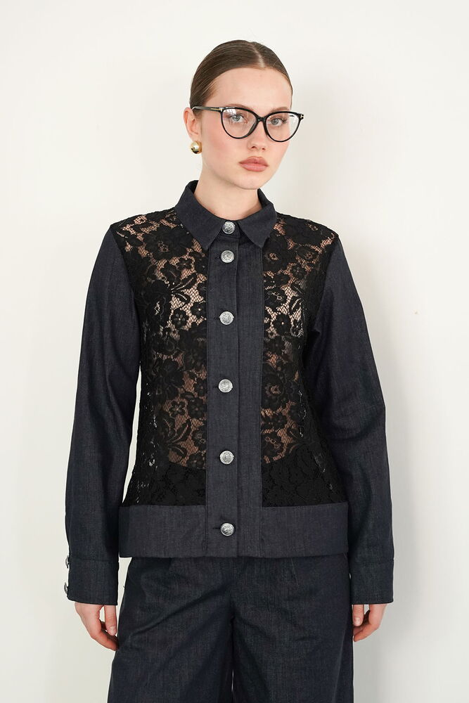 Cămașă din denim cu detalii de dantelă, en-gros - bleumarin | F2091 - Topshow