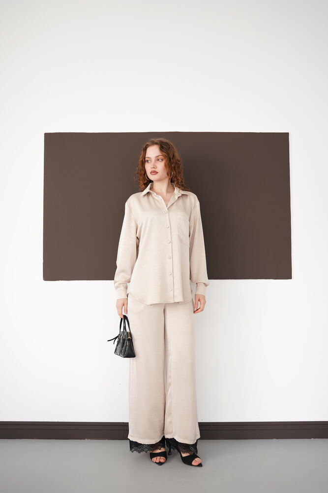 Pleated Hem Lace Wholesale Trousers - Stone | F2102 - Topshow