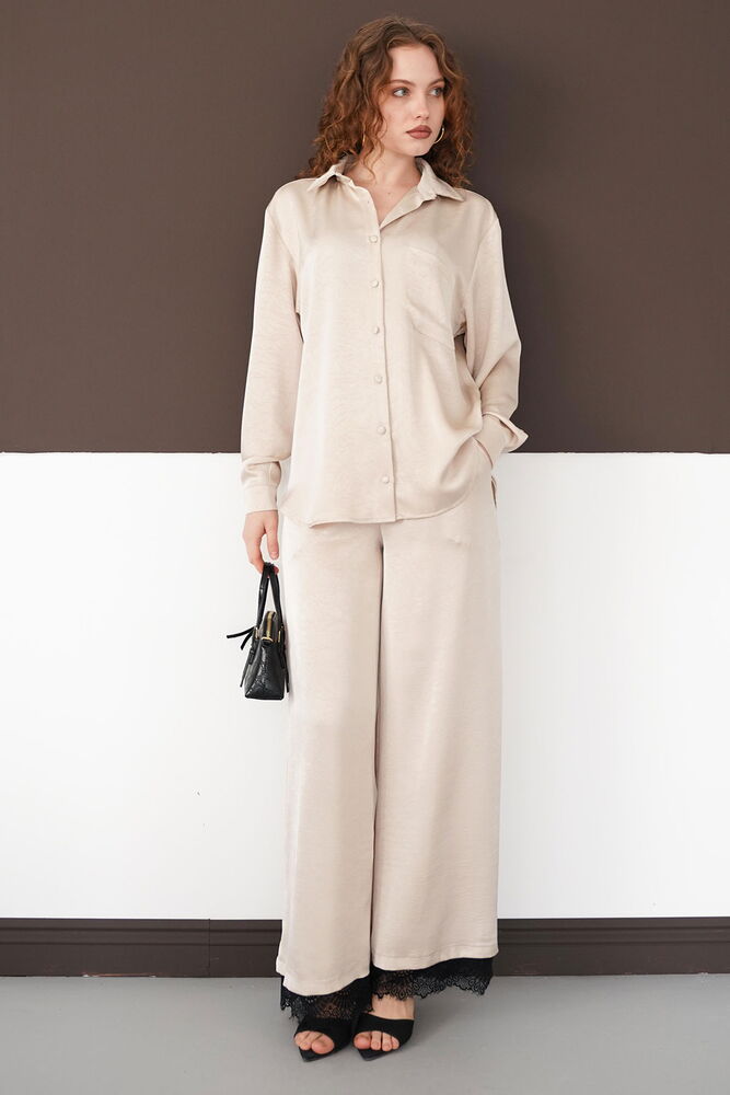 Pleated Hem Lace Wholesale Trousers - Stone | F2102 - Topshow
