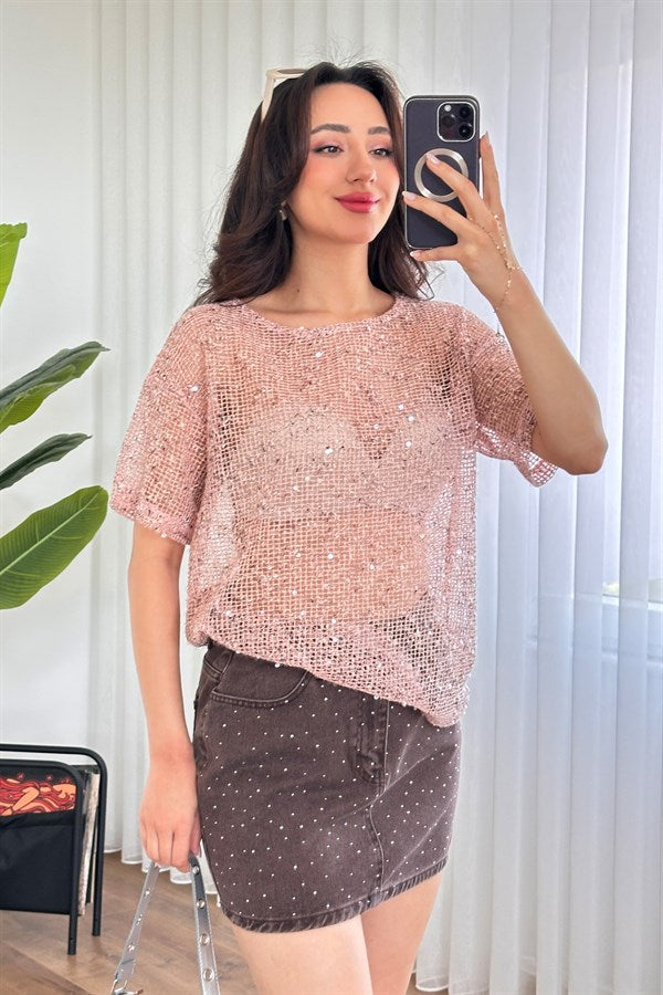 Bluza de Toptan Roz cu Paiete Stralucitoare