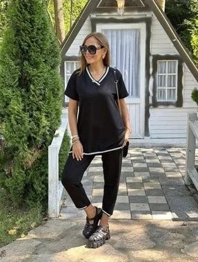 Kadın Kısa Kollu V Yakalı Iki Iplik Bluz Ve Pantolon Ikili Takım, 35789