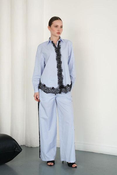 Pantaloni cu dungi și detalii de dantelă, en-gros - Albastru | F2083 - Topshow