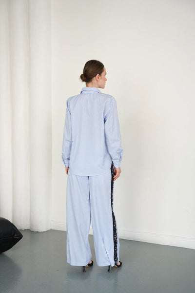 Pantaloni cu dungi și detalii de dantelă, en-gros - Albastru | F2083 - Topshow
