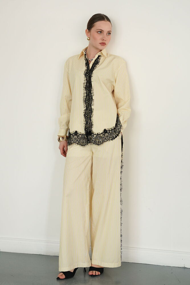 Lace Detailed Striped Wholesale Trousers - Yellow | F2083 - Topshow