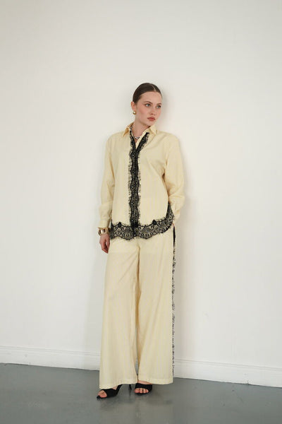 Lace Detailed Striped Wholesale Trousers - Yellow | F2083 - Topshow