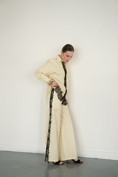 Lace Detailed Striped Wholesale Trousers - Yellow | F2083 - Topshow