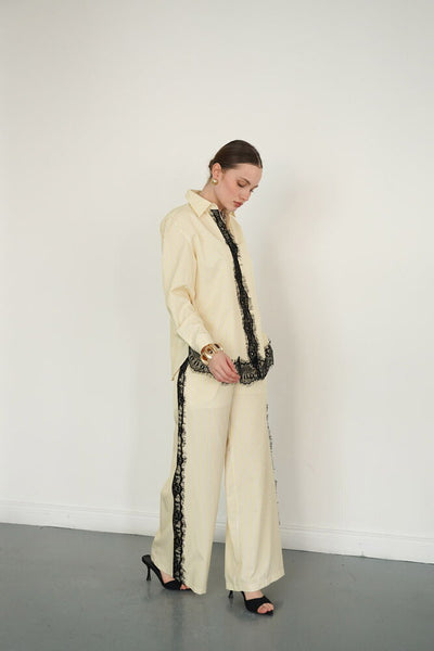 Lace Detailed Striped Wholesale Trousers - Yellow | F2083 - Topshow