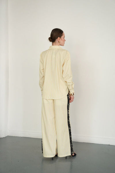 Lace Detailed Striped Wholesale Trousers - Yellow | F2083 - Topshow