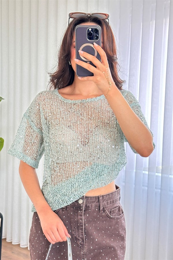Bluza de Toptan Menta cu Paiete Stralucitoare