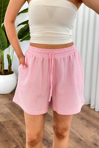Pantalon Scurt Muselină cu Buzunare Roz Marfă Model Scurt
