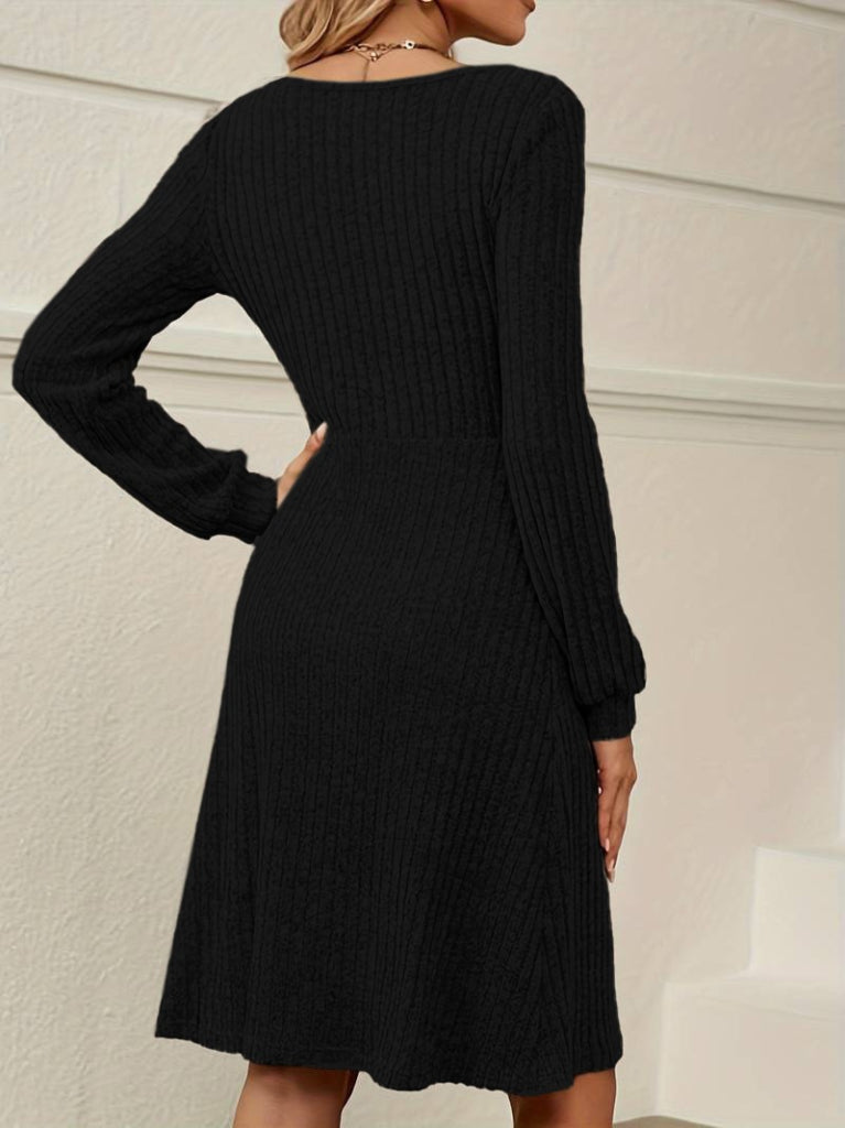 Rochie mini din bumbac plușat cu mâneci lungi, guler pătrat și nasturi pentru femei, 26917