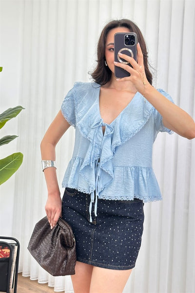 Dantel Detaylı Bağlamalı Toptan Bebe Mavisi Bluz