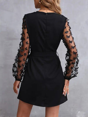 Rochie de damă cu mânecă lungă, guler rotund, mâneci din tul și detalii fluture, rochie din crep importat, 34759