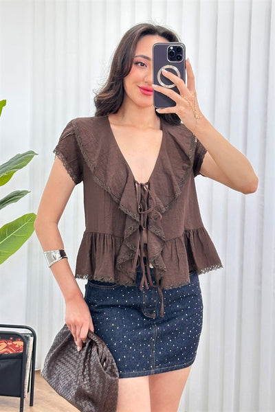 Bluza de Toptan Maro cu Legătură Detaliu Dantelă