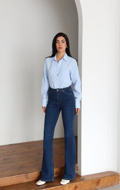 Pantalon Jean Albastru Închis Talie Înaltă Semi-Cărări Spaniole Detaliu Piatră