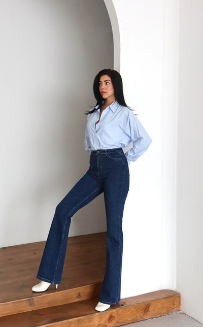 Pantalon Jean Albastru Închis Talie Înaltă Semi-Cărări Spaniole Detaliu Piatră