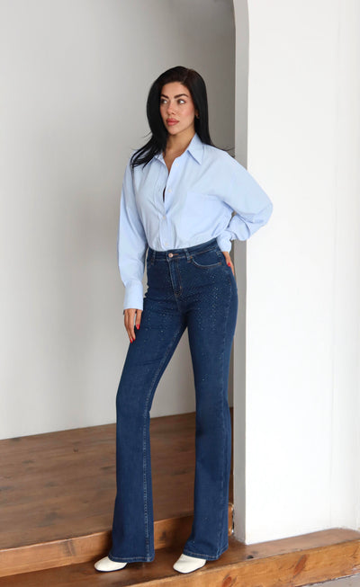 Pantalon Jean Albastru Închis Talie Înaltă Semi-Cărări Spaniole Detaliu Piatră