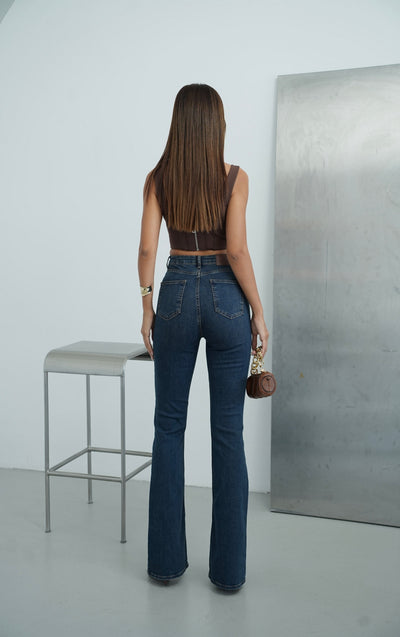Yüksek Bel İspanyol Paça Dark Blue Tint Jean Pantolon