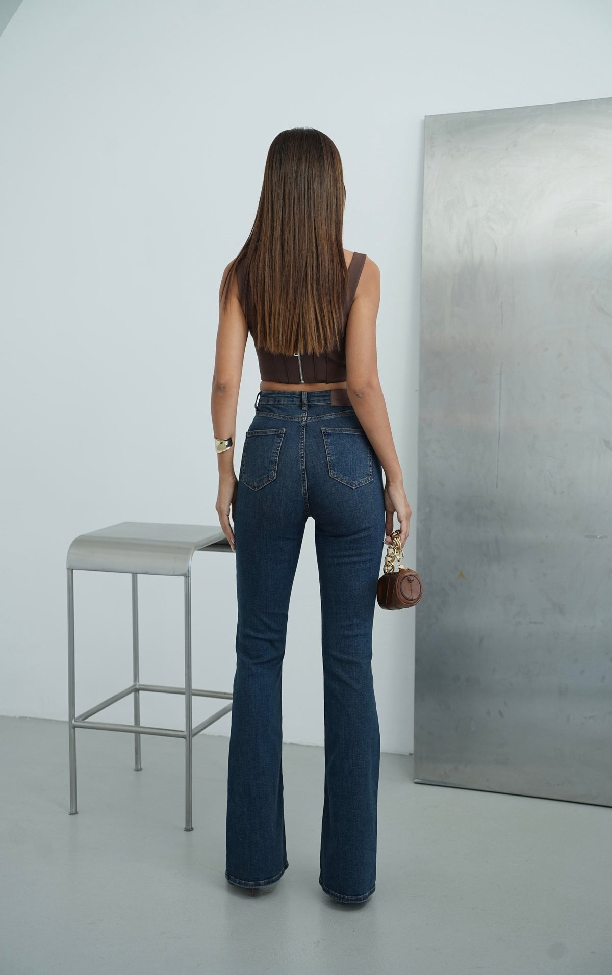 Yüksek Bel İspanyol Paça Dark Blue Tint Jean Pantolon