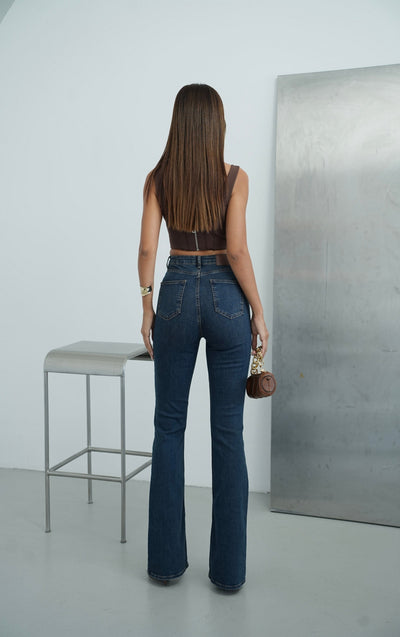 Yüksek Bel İspanyol Paça Dark Blue Tint Jean Pantolon