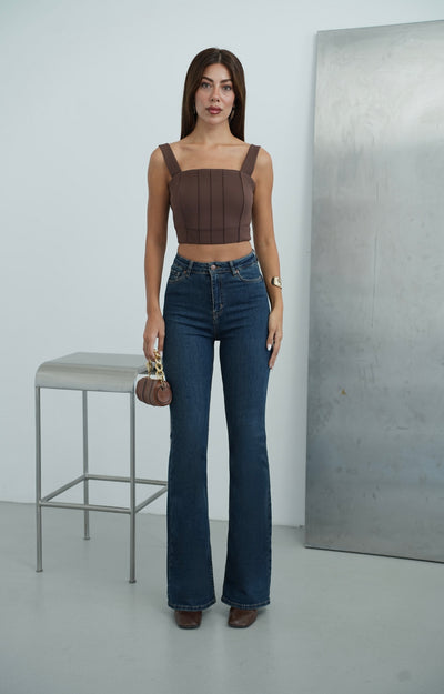 Yüksek Bel İspanyol Paça Dark Blue Tint Jean Pantolon