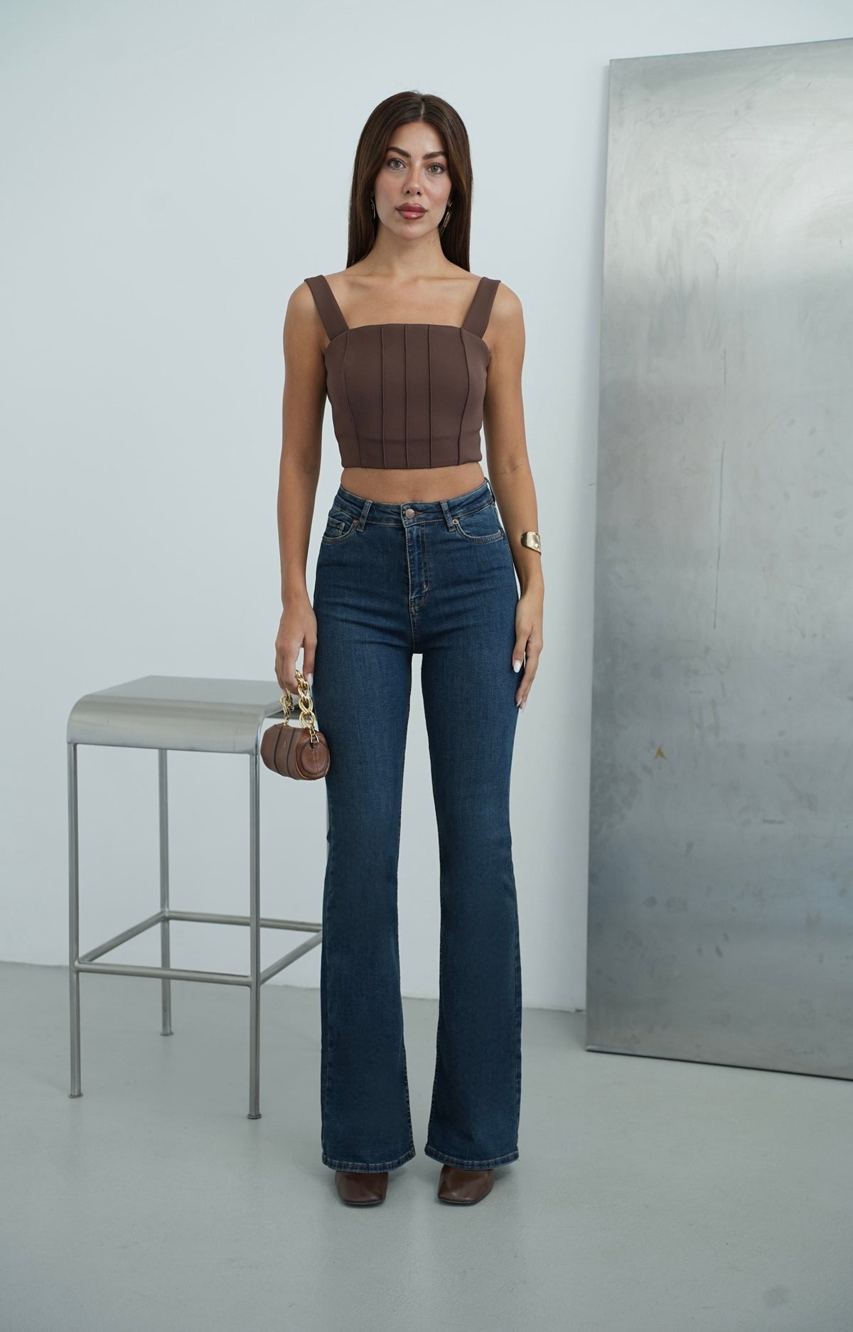 Yüksek Bel İspanyol Paça Dark Blue Tint Jean Pantolon