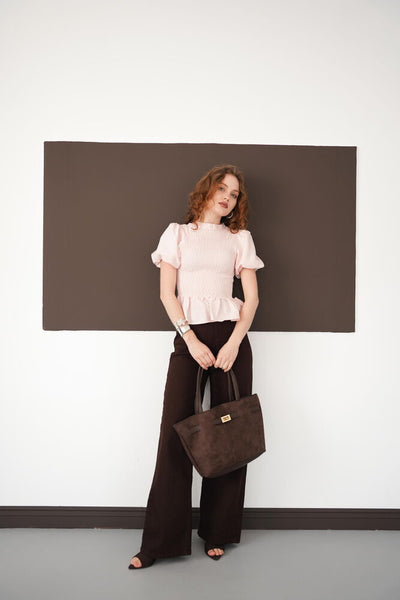 Shirred Bicycle Collar T-Shirt Wholesale Blouse - Powder | D2999 - Topshow