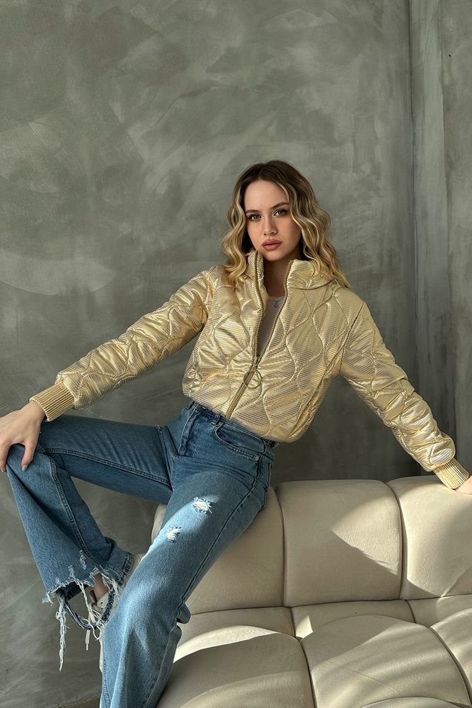 Shiny Zippered Wholesale Jacket - Gold