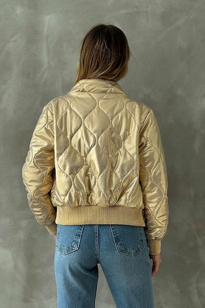 Shiny Zippered Wholesale Jacket - Gold