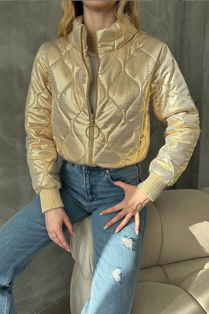 Shiny Zippered Wholesale Jacket - Gold