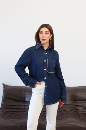 Kadın Yaka Cep Taş Detaylı Rinse Denim Gömlek