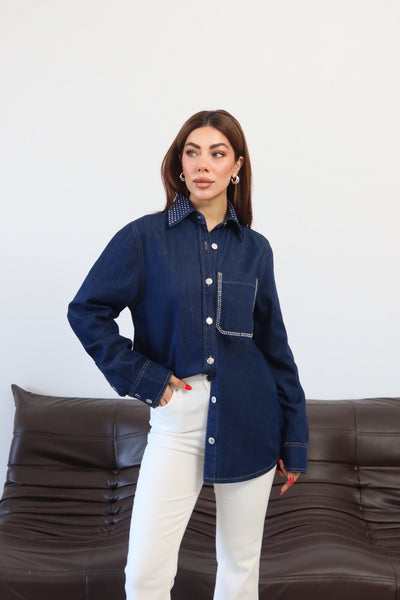 Cămașă din denim pentru femei cu guler și buzunar, detalii cu pietre