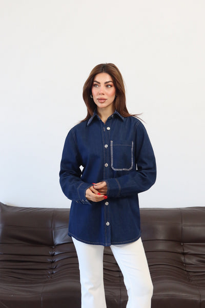 Cămașă din denim pentru femei cu guler și buzunar, detalii cu pietre