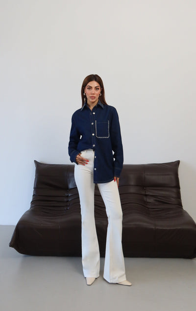 Cămașă din denim pentru femei cu guler și buzunar, detalii cu pietre