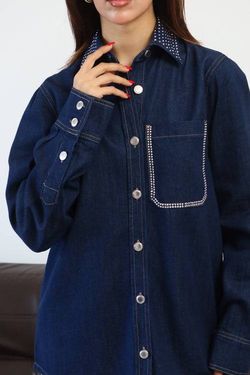 Kadın Yaka Cep Taş Detaylı Rinse Denim Gömlek